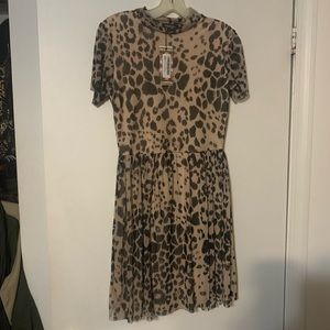 Boohoo Leopard Mesh Babydoll Mock Neck Dress 6 NWT
